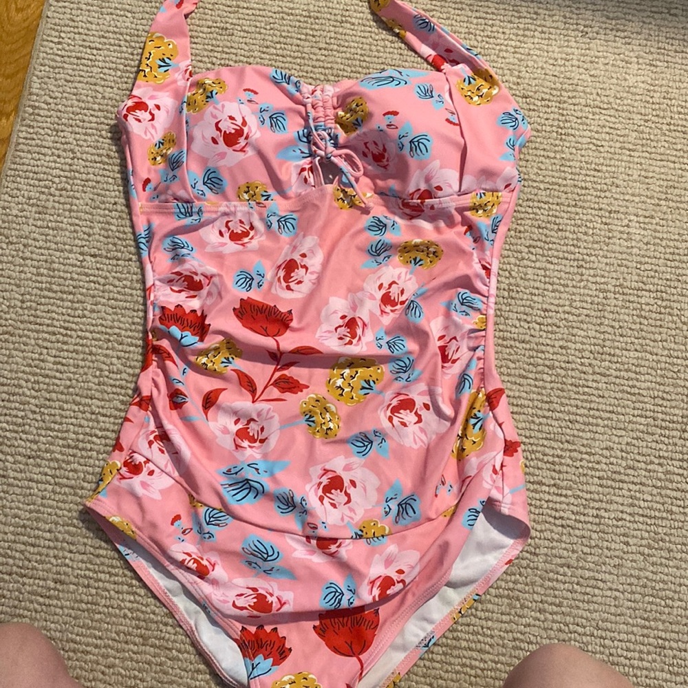 Maternity One Piece bathing suit- fun pink floral halter tie top